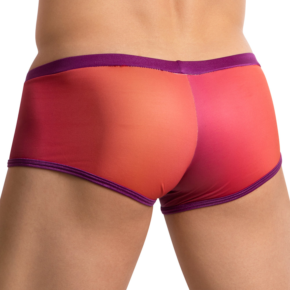 The image showcases the comfort of Daniel Alexander Breathable Vibrant Boxer Trunk, featuring a red-orange gradient with a purple trim. The focus on the lower back highlights its vibrant colors and stylish design.