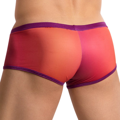 The image showcases the comfort of Daniel Alexander Breathable Vibrant Boxer Trunk, featuring a red-orange gradient with a purple trim. The focus on the lower back highlights its vibrant colors and stylish design.