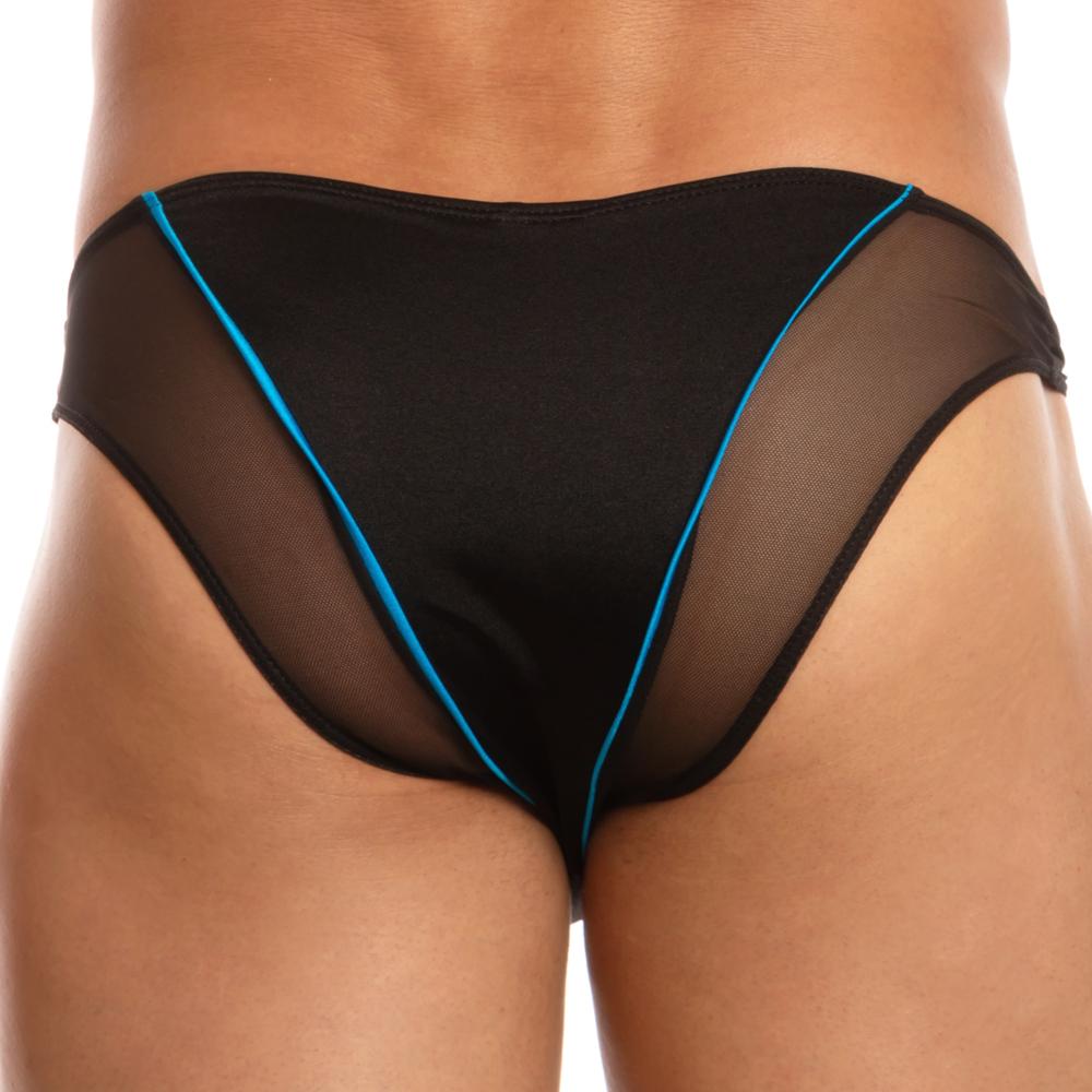 Close-up of a person wearing the Daniel Alexander Free Panels Bikini, featuring a polyamide-spandex blend. The back view shows off its black mesh design with blue trim, highlighting the sleek material and stylish sheer panels from Daniel Alexander.
