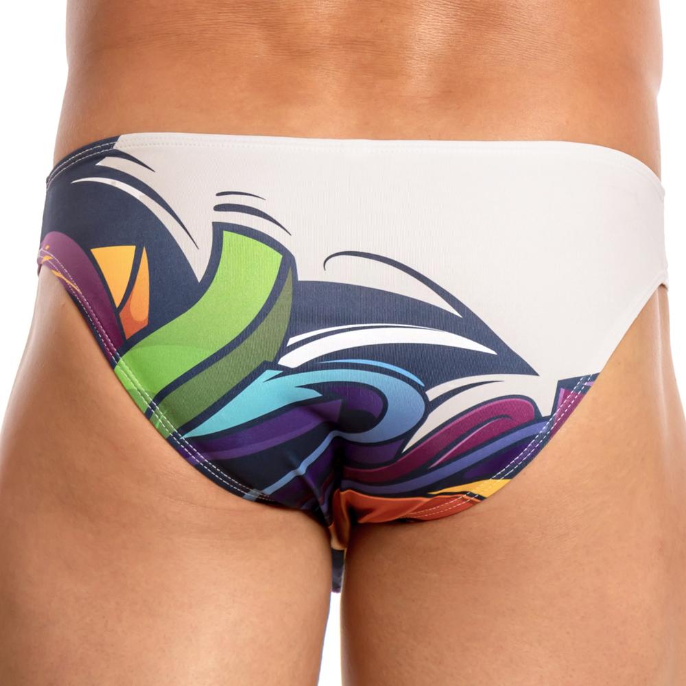 Photographed from behind, a person dons the vibrant Daniel Alexander Graffiti Bikini, showcasing dynamic shapes and an array of colors reminiscent of graffiti art.