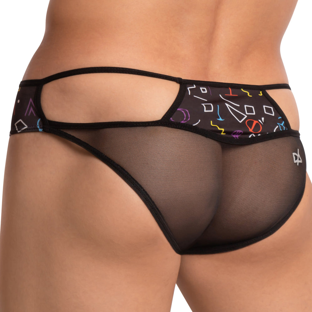 The Daniel Alexander DAI071 Monster Bikini showcases black mesh underwear with vibrant geometric patterns, thin straps, and a sheer back. Photographed against a white background, only the waist to upper thigh is visible, emphasizing its bold design.