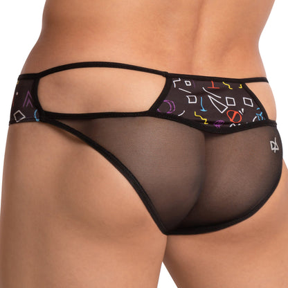 The Daniel Alexander DAI071 Monster Bikini showcases black mesh underwear with vibrant geometric patterns, thin straps, and a sheer back. Photographed against a white background, only the waist to upper thigh is visible, emphasizing its bold design.