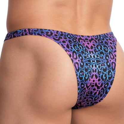 A person is wearing a Daniel Alexander Purple Leopard Bikini, showcasing vibrant blue, purple, and pink animal print from the rear view. This stylish and comfortable underwear blends ease with bold design for the fashion-forward individual.