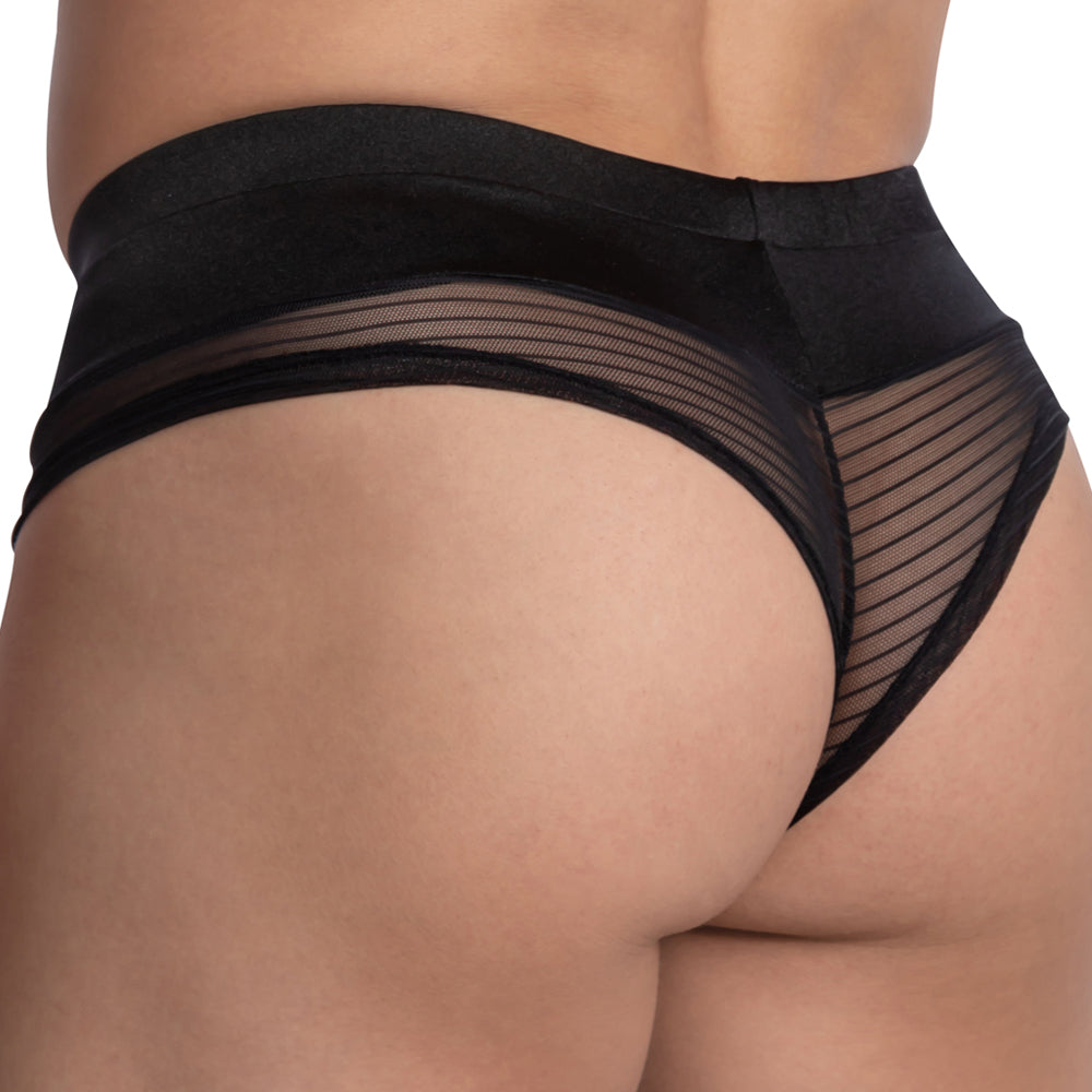 Close-up of someone in a Daniel Alexander Bikinis See Through Back, featuring black underwear with a comfy waistband and see-through back, highlighted by sheer striped mesh sides.