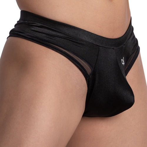 A person wearing Daniel Alexander Bikinis See Through Back, featuring black silky briefs with a comfortable waistband and transparent mesh side panels against a plain backdrop. The smooth, shiny fabric enhances the sleek design, reminiscent of the Daniel Alexander brand.