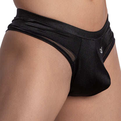 A person wearing Daniel Alexander Bikinis See Through Back, featuring black silky briefs with a comfortable waistband and transparent mesh side panels against a plain backdrop. The smooth, shiny fabric enhances the sleek design, reminiscent of the Daniel Alexander brand.
