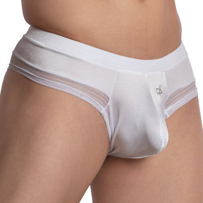 A person dons a sleek Daniel Alexander Bikinis See Through Back piece featuring white brief-style underwear with a front logo, smooth shiny fabric, sheer side panels, and a comfy waistband for daily use.