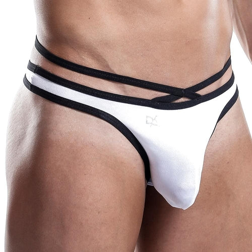 A person presents a Daniel Alexander Thong with an exotic string design, focusing on the lower torso to highlight the thongs comfortable pouch and sleek fit against a white background.