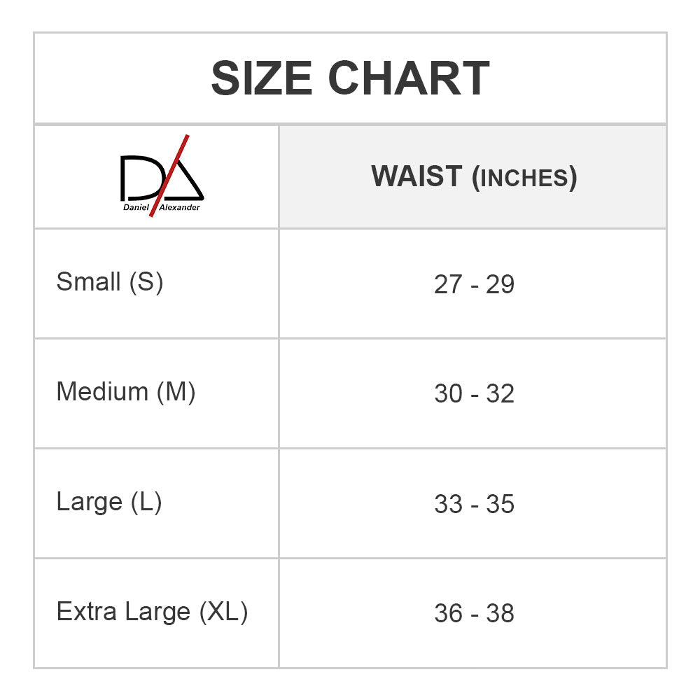 The Daniel Alexander Breathable Vibrant Boxer Trunk size chart, displayed with the logo above, ensures comfort with waist measurements: Small 27-29, Medium 30-32, Large 33-35, XL 36-38. Enjoy vibrant colors in each piece for a perfect and comfortable fit.