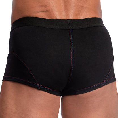 An individual models the Edipous Bi-Color Sports Boxer Trunk, showcasing its blue and red bi-color design, excellent fit, and supportive pouch from behind.