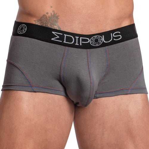 A person wears an Edipous Bi-Color Sports Boxer Trunk in gray with a black waistband, featuring red stitching and a supportive pouch. Their midsection and part of a tattoo are visible.