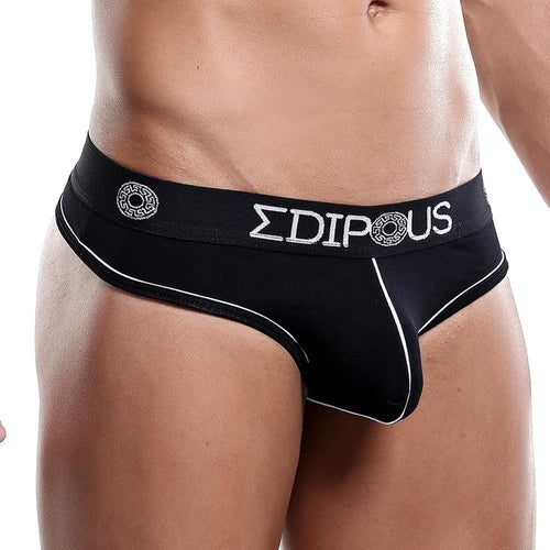 A close-up captures a person in the Edipous Micro Thong, highlighting black underwear with white trim and a sporty waistband displaying EDIPOUS and circular logos, all emphasizing a sleek midsection look.