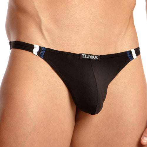 A close-up shows a person in black Edipous Soft Thong briefs with blue and white side accents, displaying the Edipous brand on the waistband and highlighting its ultra-soft fabric for a snug fit.