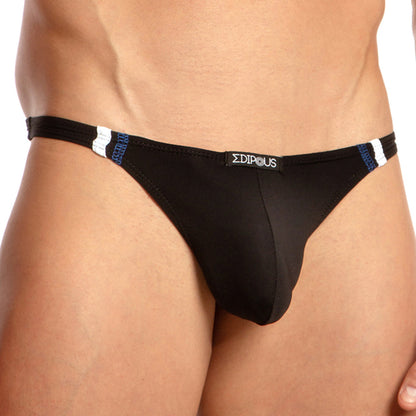 A close-up shows a person in black Edipous Soft Thong briefs with blue and white side accents, displaying the Edipous brand on the waistband and highlighting its ultra-soft fabric for a snug fit.