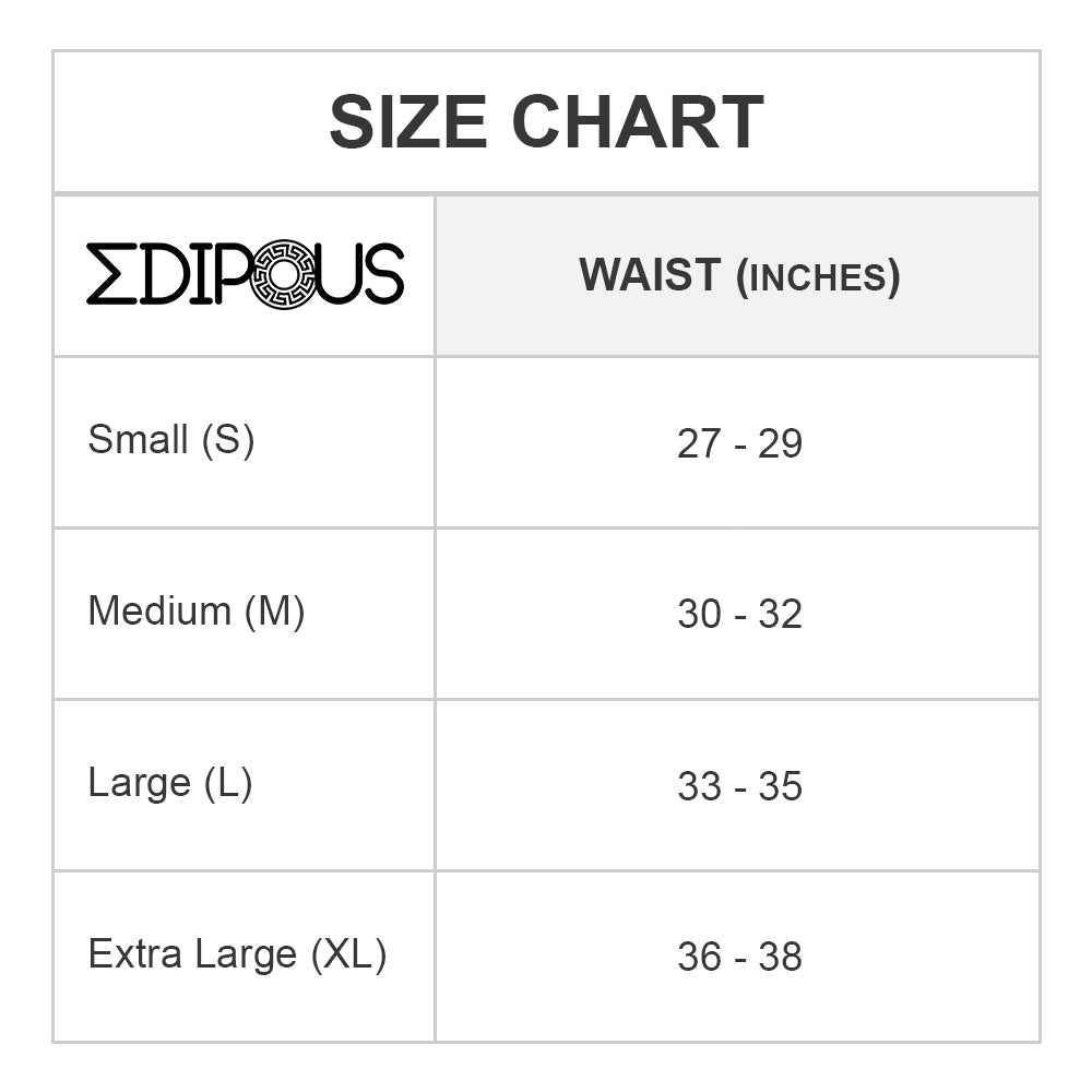 The Edipous Eros Short Boxer size chart details waist sizes: Small (27-29 inches), Medium (30-32 inches), Large (33-35 inches), and Extra Large (36-38 inches), ensuring a perfect fit for your sporty shorts.
