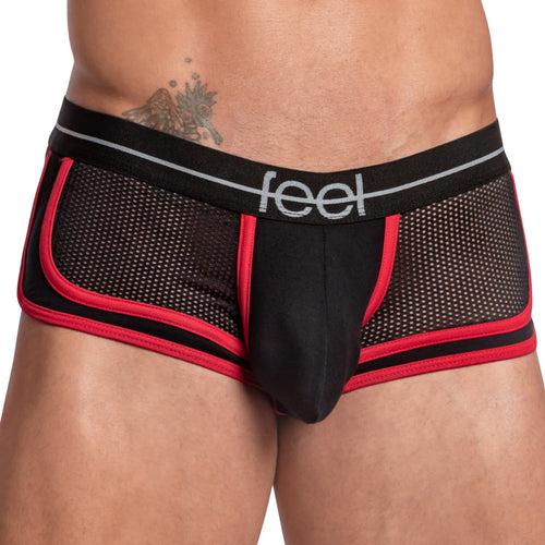 Someone wearing the Feel Sheet Sides Boxer by Feel. It features black mesh with red trim, a feel waistband, breathable fabric with sheer side panels, solid black front center, and a contouring pouch for comfort.