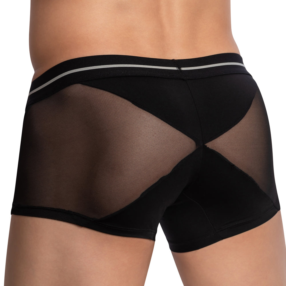 A person in black Feel Lustrous Sports Boxer Trunks, featuring a stretchy cotton build with sheer mesh back panels, stands against a plain background. The waistband displays a horizontal stripe with a supportive pouch for enhanced comfort.