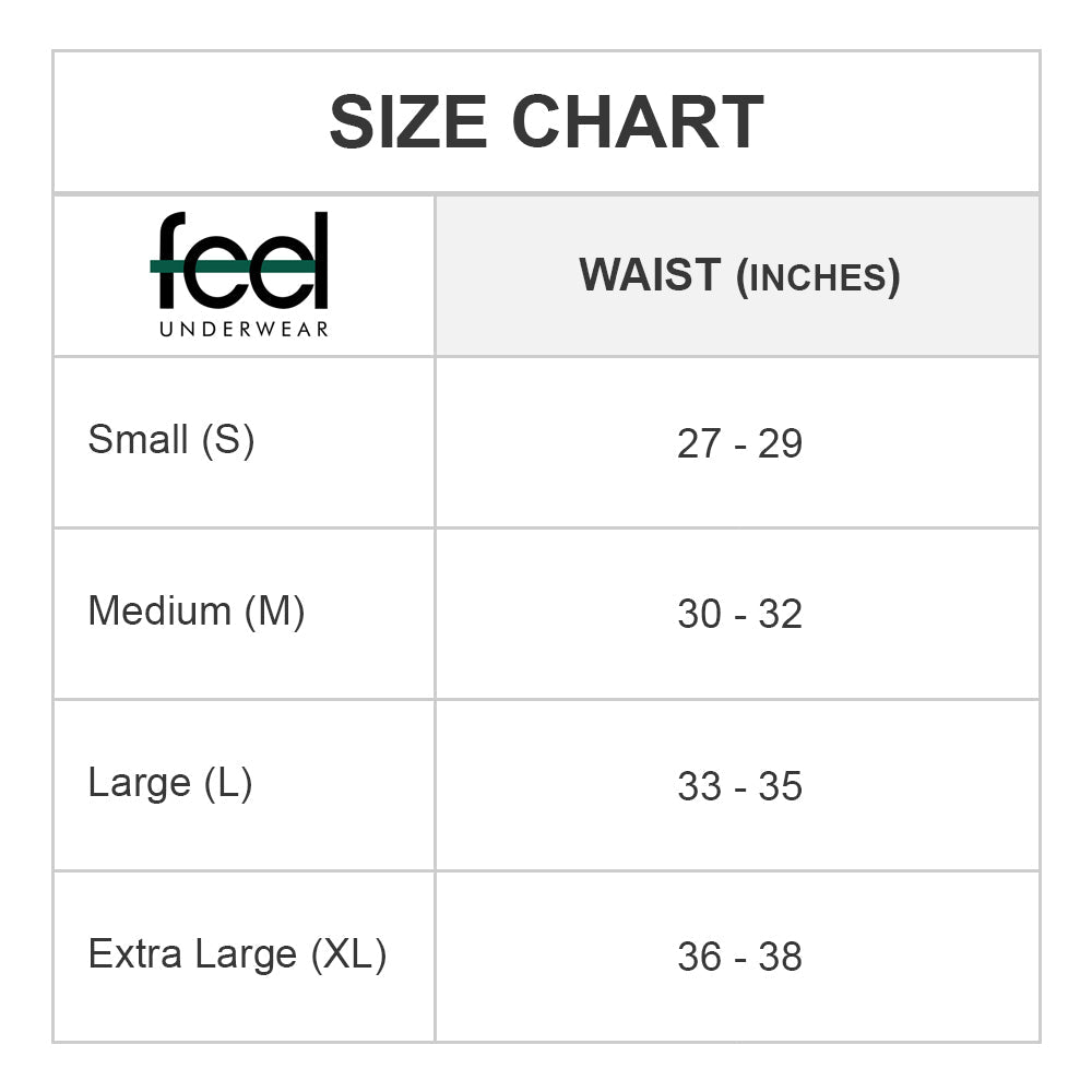 The Feel Sheet Sides Boxer size chart, made with breathable fabric, provides waist measurements in inches: Small (27-29), Medium (30-32), Large (33-35), and Extra Large (36-38).