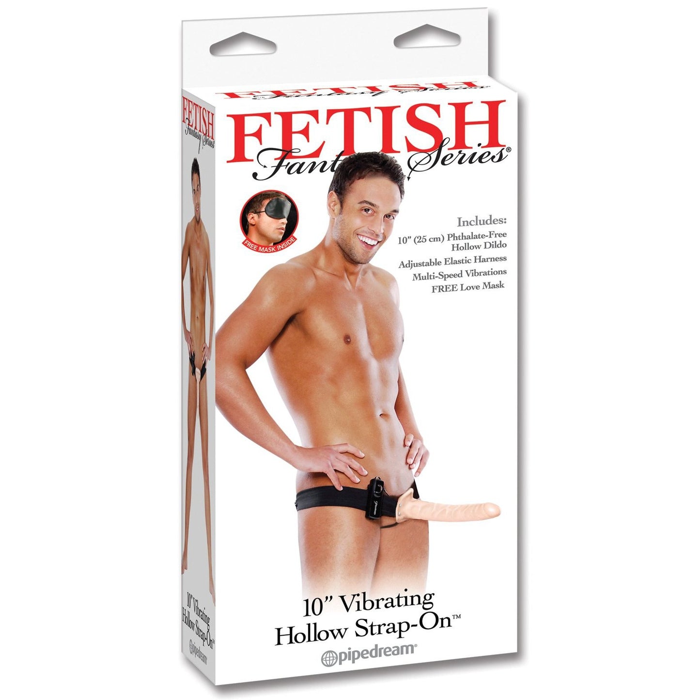 The packaging for Adams Toy Box Fetish Fantasy Series 10 Vibrating Hollow Strap-On Dildo features a man wearing it, emphasizing its powerful vibrations and adjustable harness. It also includes a free love mask.
