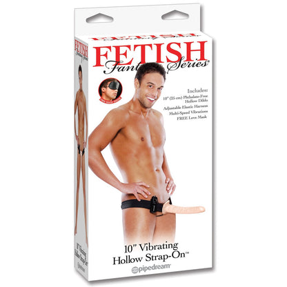 The packaging for Adams Toy Box Fetish Fantasy Series 10 Vibrating Hollow Strap-On Dildo features a man wearing it, emphasizing its powerful vibrations and adjustable harness. It also includes a free love mask.