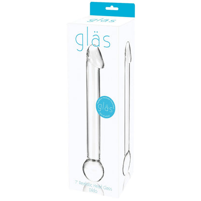 The Gläs 7" Realistic Head Glass Dildo comes in a white box displaying the clear, hand-blown product with lifelike detail. The packaging features the Gläs brand in blue and an image of the dildo, ideal for temperature play enthusiasts.