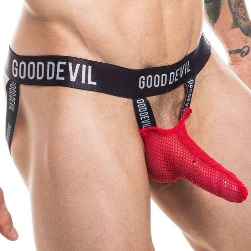 Wearing the Good Devil Shlong Jockstrap, one flaunts the brands allure with an erotic vibe, a black waistband, and a seductive red mesh pouch. This captivating piece hints at confident style, revealing the torso and upper thighs effortlessly.