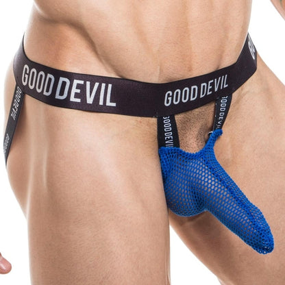 A person wears a Good Devil Shlong Jockstrap with a black waistband, featuring bold Good Devil text and an enticing blue Bare-All Mesh Pouch, highlighting the erotic wears intricate design and alluring texture.