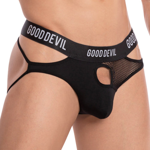 Someone wearing a black Good Devil Bronco Jockstrap, made from luxurious fabric with mesh and cut-out detailing, showcasing the GOODDEVIL brand name on the waistband.