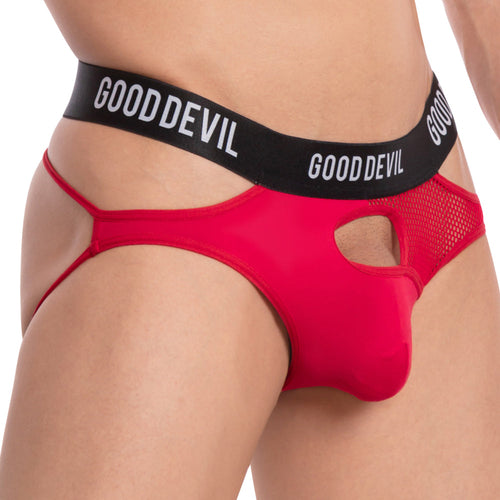 The Good Devil Bronco Jockstrap features red fabric with a black GOODDEVIL waistband, cutouts, side mesh details, and a supportive pouch for added comfort.