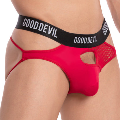 The Good Devil Bronco Jockstrap features red fabric with a black GOODDEVIL waistband, cutouts, side mesh details, and a supportive pouch for added comfort.
