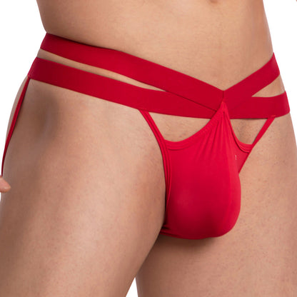 A person wearing a Good Devil Ferris Wheel Jock with cutout straps. It features double elastic waistbands across the hips and a functional front pouch, while the side view highlights the intricate strap design.