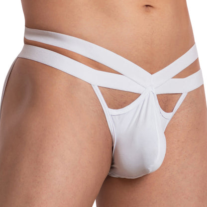 A person wearing the Good Devil Ferris Wheel Jock, in white with double elastic waistbands, highlights its unique W-cut front design. The focus is on its cut-out style and functional pouch for added comfort.