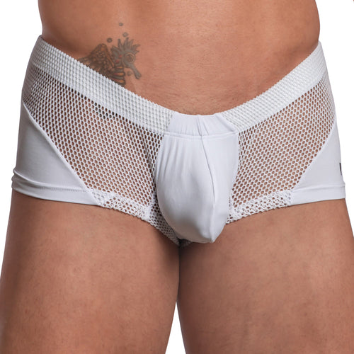 Wearing Good Devil Boxer Almost Naked, this design features a white mesh waistband and side sections for minimal coverage. Breathable fabric adds comfort, while the solid front offers modesty. An edgy tattoo detail near the waistline completes the look.