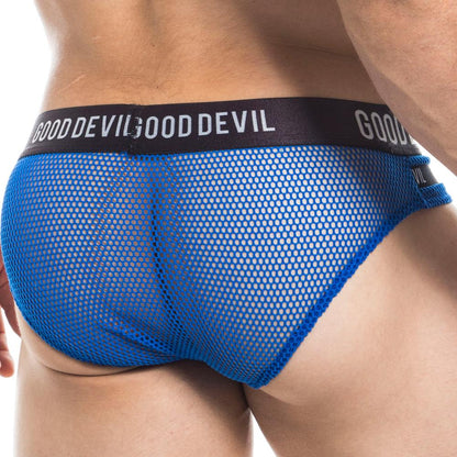 Someone is wearing Good Devil Show It All Briefs featuring a black waistband with GOOD DEVIL in white. The net-like, see-through fabric accentuates fit and style, enhancing its allure from the rear view.
