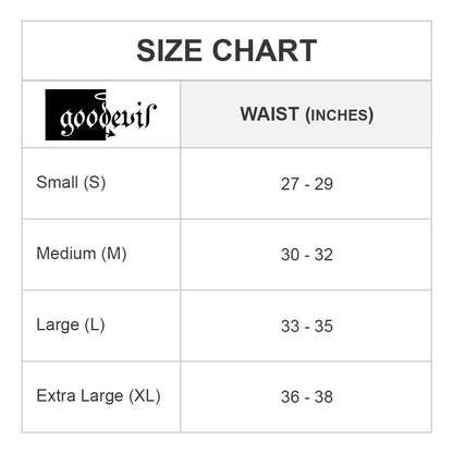 For Good Devil Thong, the size chart by waist measurement is: Small 27-29, Medium 30-32, Large 33-35, Extra Large 36-38. The brand name Good Devil appears at the top left.