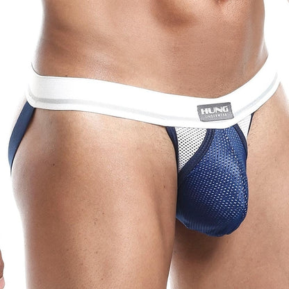 Someone wearing the Hung Expose Jockstrap features blue and white mesh fabric with an innovative waistband design.