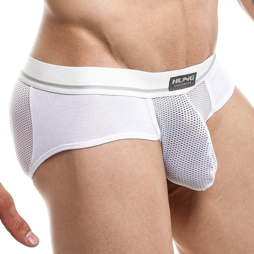 A close-up shows a person wearing the Hung Jockstrap with HUNG on the waistband, emphasizing the breathable mesh pouch. The front and side views highlight this stylish mens underwear.