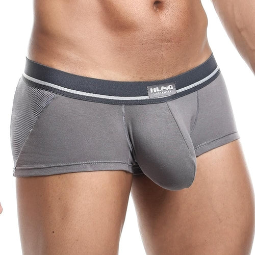 Someone is wearing gray Hung Clash Trunk boxer briefs with a black waistband inscribed HUNG by the brand Hung. The fabric fusion and side mesh panels create a smooth look, while the photo emphasizes the contour pouch on a crisp white backdrop.