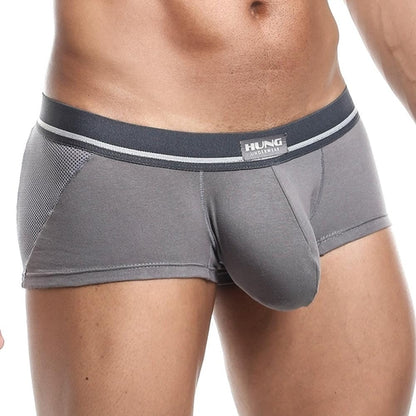Someone is wearing gray Hung Clash Trunk boxer briefs with a black waistband inscribed HUNG by the brand Hung. The fabric fusion and side mesh panels create a smooth look, while the photo emphasizes the contour pouch on a crisp white backdrop.