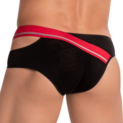 Rear view of a person wearing the Hung Ivan Brief by Hung, featuring a red waistband with gray stripe, side cutout design, and an enhancing pouch. Perfect for those seeking modern style with comfort and flair.
