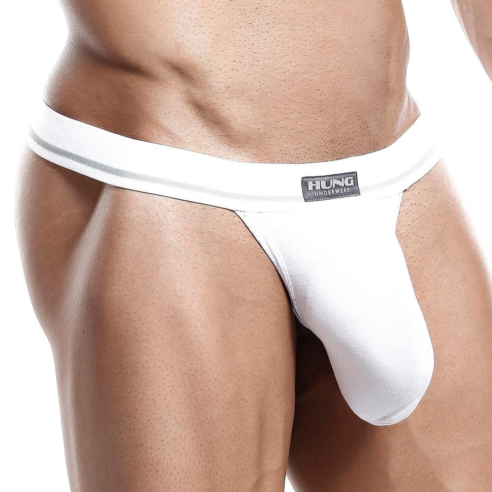 A person wears white Hung Accessories underwear with an enhancing pouch. It features a gray waistband with white stripes, highlighting the torso and upper thighs to showcase the fit and style of this Bareback Mens Underwear, crafted from lightweight fabric.