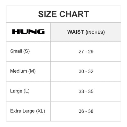Hung Jockstrap size chart: S (27-29), M (30-32), L (33-35), XL (36-38). Features supportive mesh pouch and elastic straps for ultimate comfort and fit.