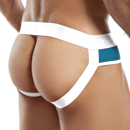 Close-up of a models lower back in an Intymen Jockstrap by Intymen, featuring a classic white and teal design with elegant strap stitching around the waist and legs.