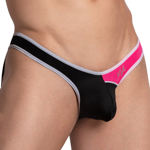 A close-up shows a persons waist in the Kyle Open Back Sporty Jockstrap, designed for support during athletic activity. It features a black design with a pink and gray waistband and a small logo on the side, set against a white background.
