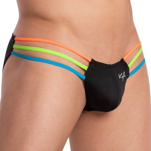 A person wears the Kyle High Voltage Bikini, featuring three colorful straps—orange, green, and blue—on each side. This black bikini bottom shows a small logo on the right side and offers bold, stylish skin exposure.