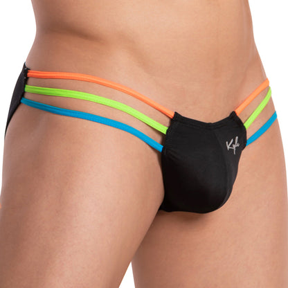A person wears the Kyle High Voltage Bikini, featuring three colorful straps—orange, green, and blue—on each side. This black bikini bottom shows a small logo on the right side and offers bold, stylish skin exposure.