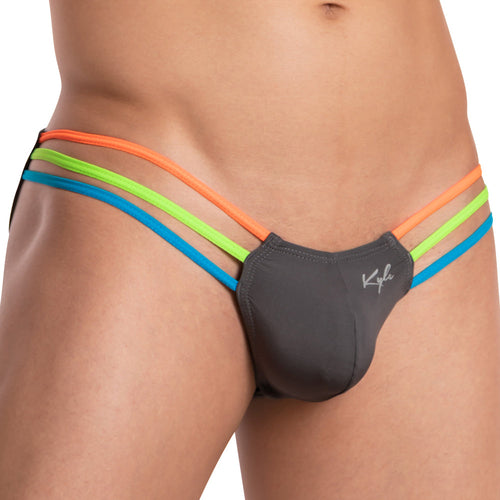 Close-up showing a person in Kyle High Voltage Bikini underwear, gray with vibrant side straps in orange, green, and blue. The enticing skin reveal is highlighted by the Kyle logo on the front fabric.