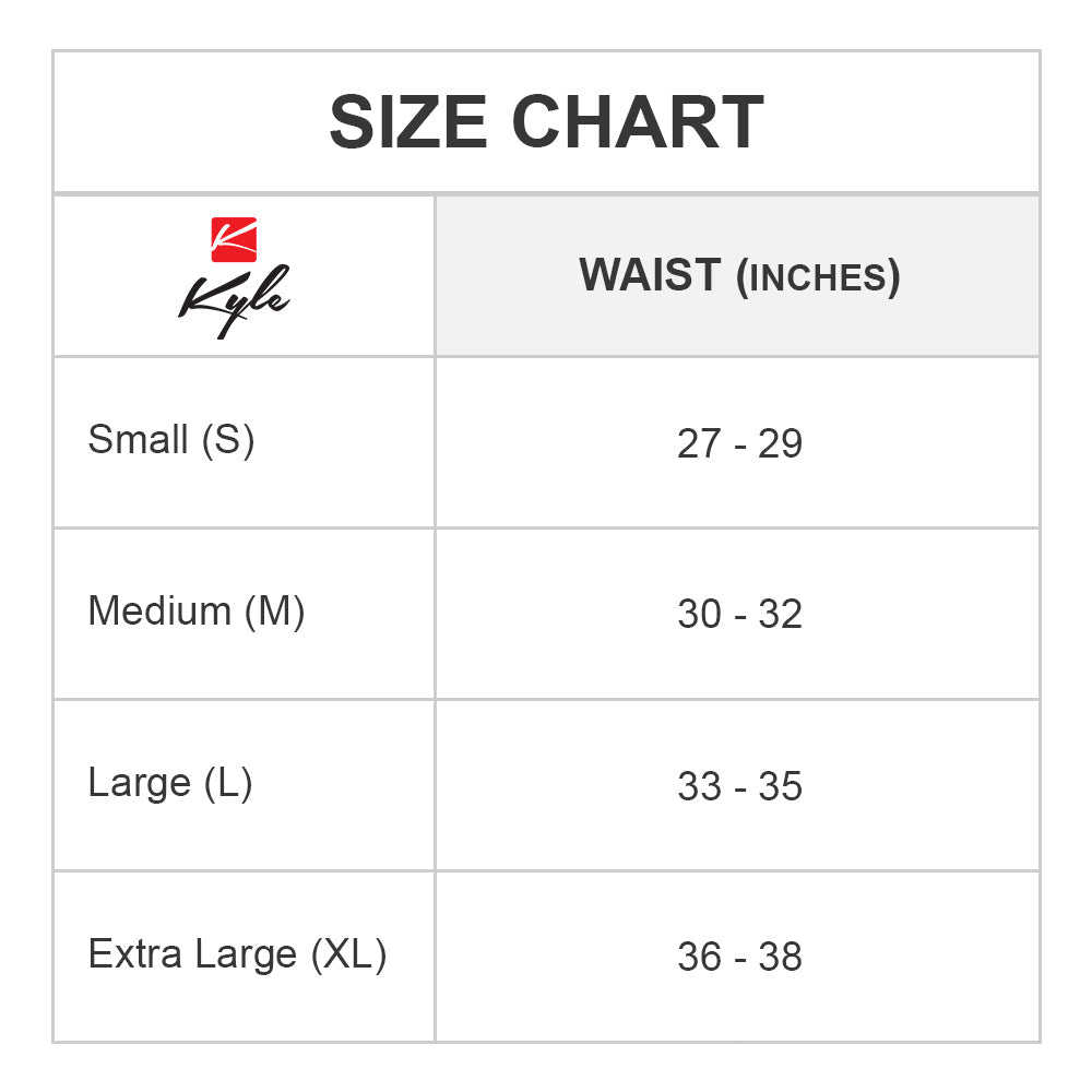 Explore the waist measurement chart for Kyle Almost Naked Jockstraps featuring sizes: Small (27-29), Medium (30-32), Large (33-35), and Extra Large (36-38). The chart showcases a logo, echoing its sleek low-waistband style.
