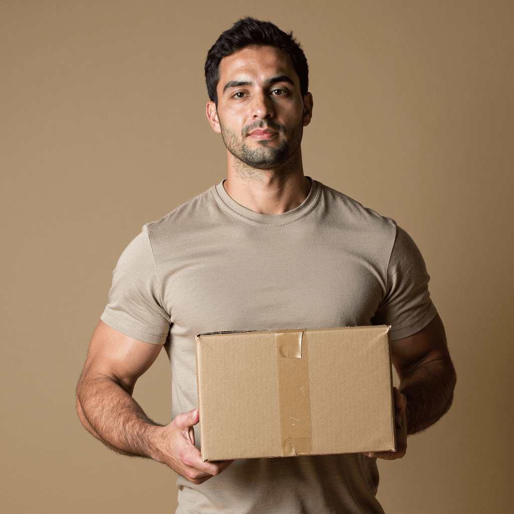 Man holding a cardboard box against a brown background; discreet shipping