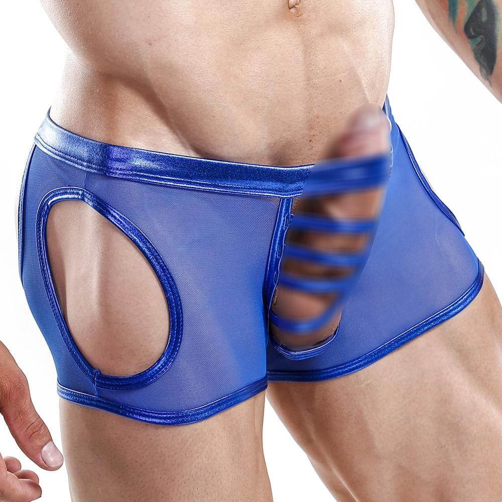 Wearing the Miami Jock Jockstrap, someone showcases muscular legs through its seductive, partially transparent design and side cut-outs. Crafted from premium fabric by Miami Jock, these shiny shorts have an enticing open-front appeal.